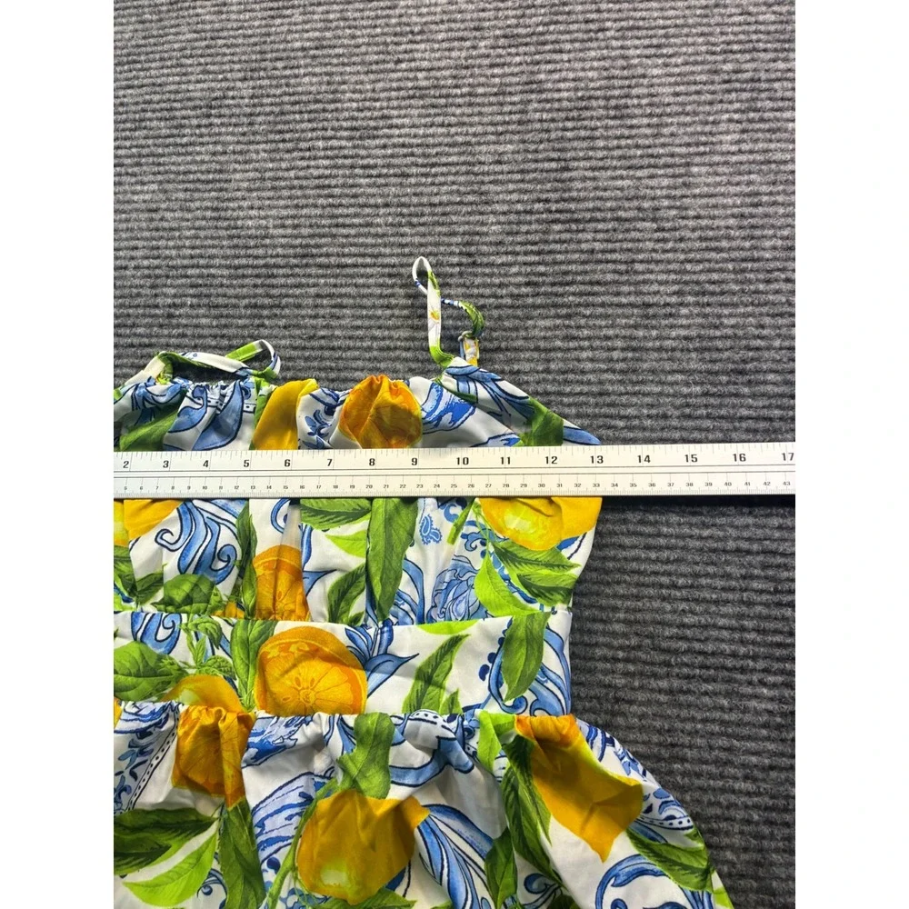 Girls Lemon Citrus Tile Print Tiered Smocked Sundress Floral Yellow Blue 12Y